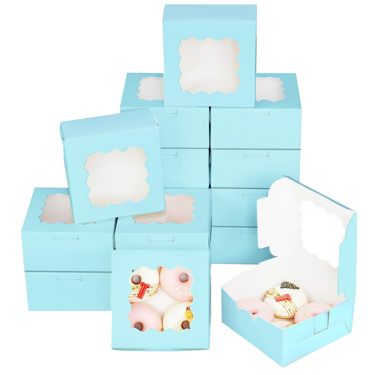 Bakepacker 100pcs Light Blue Cookie Boxes 6x6x3 inches Easy Assemble Macaroon Pastry Boxes Bakery