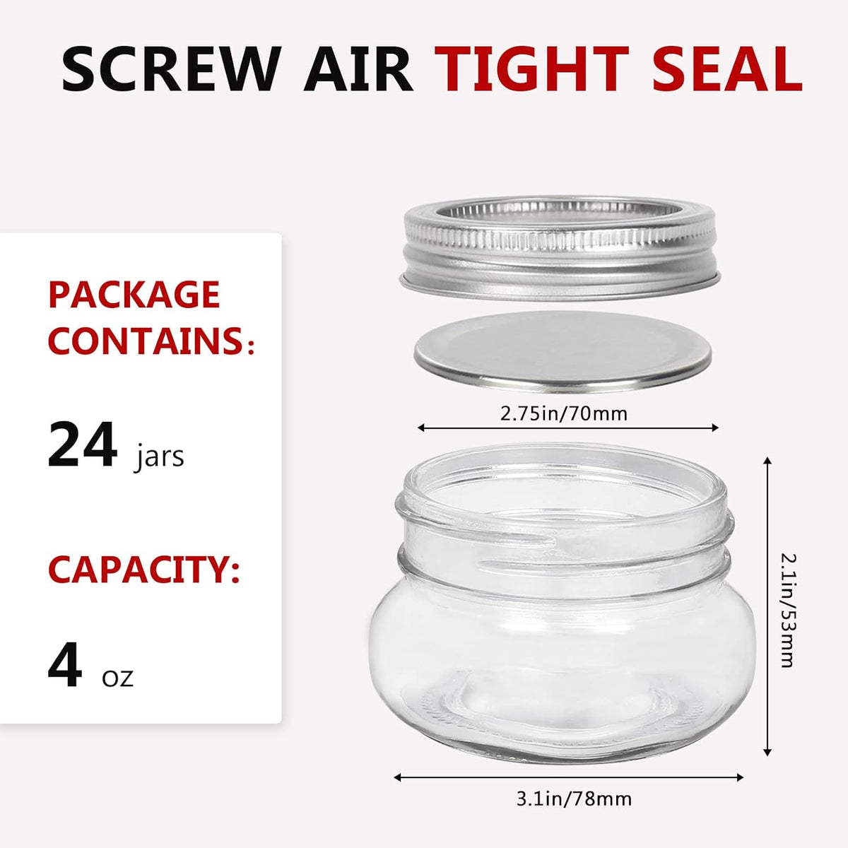 BETROME 4 oz Mason Jars, 24 Pack 120ml Glass Canning Jars with Regular Mouth Lids, Glass Jars