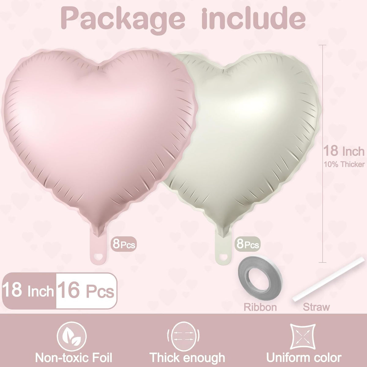 16 Pcs Heart Balloons, 18 Inch Pink White Sand Love Heart Shaped Foil Balloons for Wedding