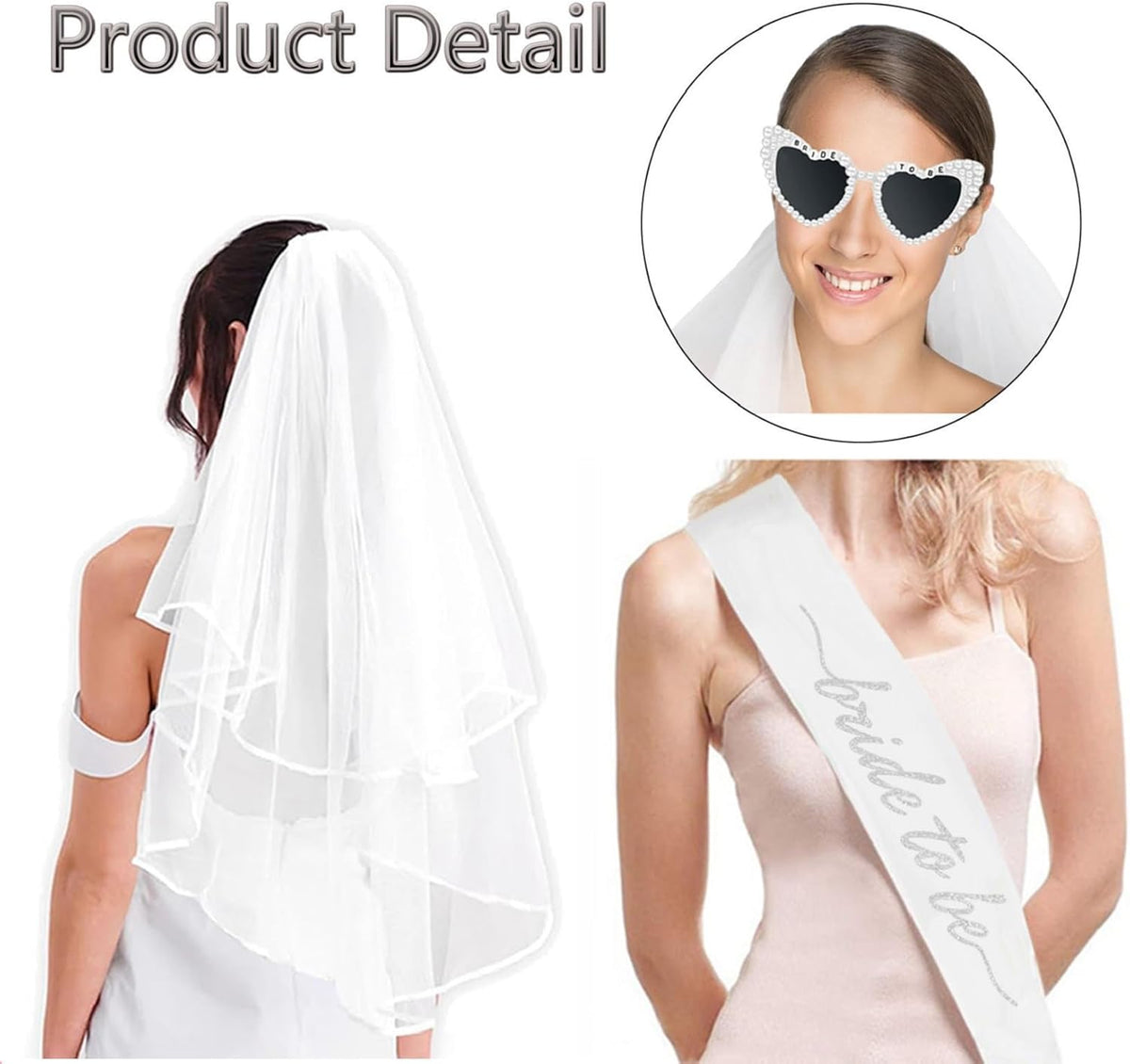 3PCS Glitter Silver Bride To Be Sash and Veil Bride Heart Pearl Sunglasses for Bachelorette Bridal