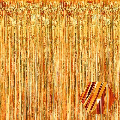 3 Pack Macaron Orange Foil Fringe Curtain Backdrop, 3.28Ft x 8.2Ft Metallic Tinsel Foil Fringe