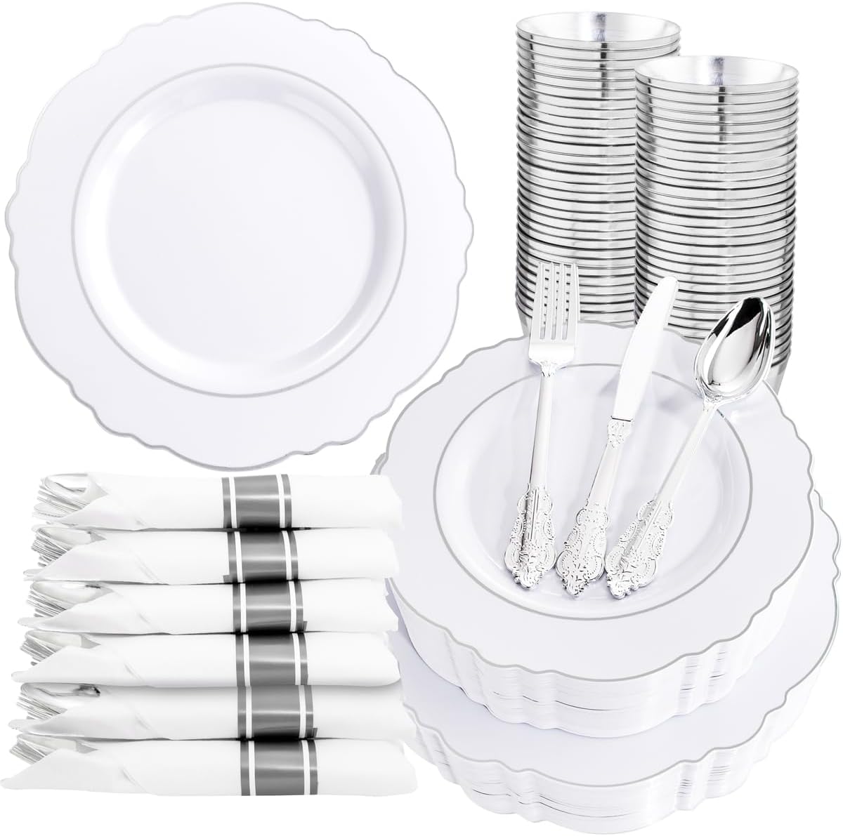 Liacere 350PCS Silver Plastic Plates-Disposable White and Silver Plates 50guest Baroque Plastic