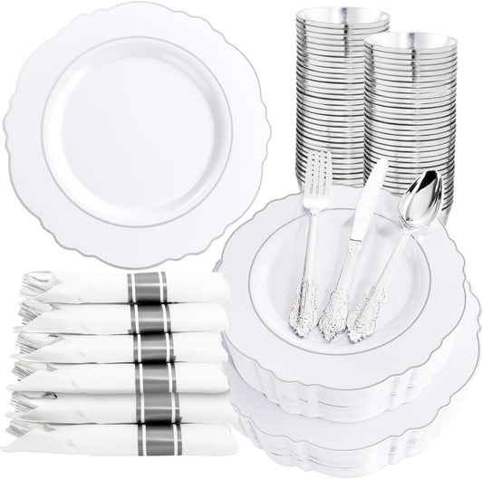 Liacere 350PCS Silver Plastic Plates-Disposable White and Silver Plates 50guest Baroque Plastic