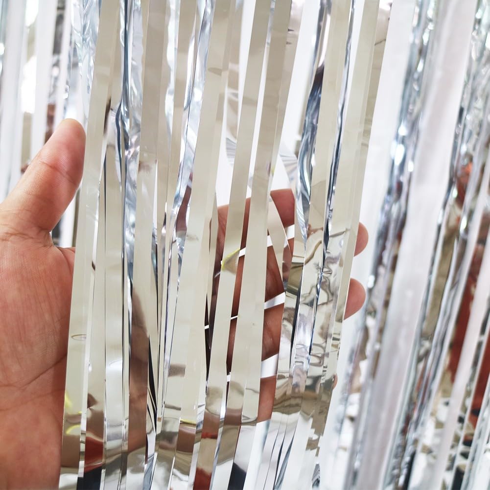 4 Pack Silver Foil Fringe Curtain - Silver Tinsel Streamer Backdrop Curtains for Birthday Party