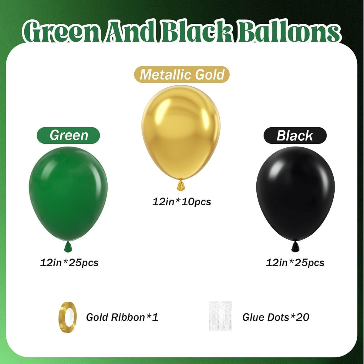 60pcs Green and Black balloons 12inch with Dark Green Metallic Gold Balloons for Jungle Safari