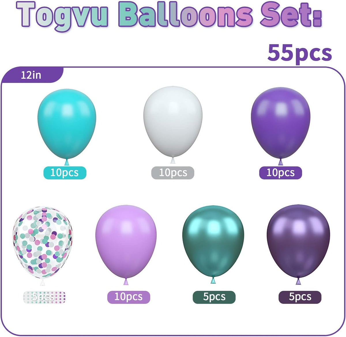 Mermaid Party Balloons 55 Pack, 12 Inch Metallic Purple Teal Blue Turquoise Green White Confetti