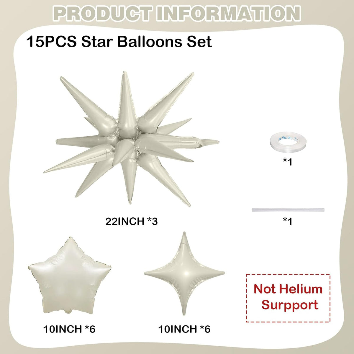 Cream Star Balloons, 22in White Sand Star Balloons Foil 10in 4-Pointed & Ivory Pentagram Balloon