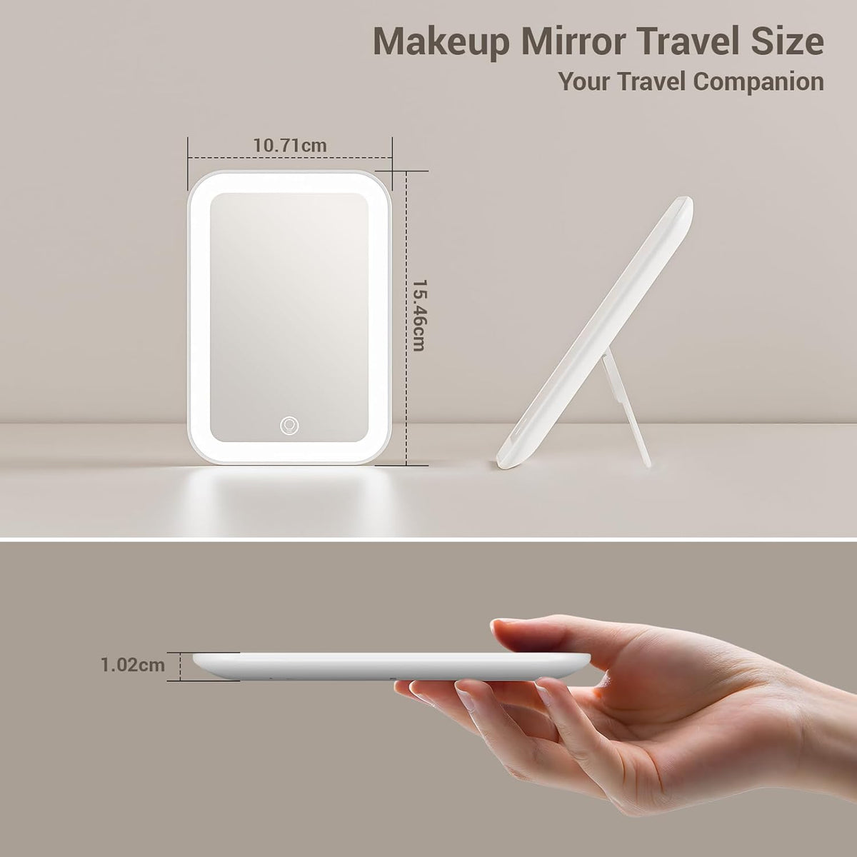 Kintion Travel Makeup Mirror, 6"*4.2" Rechargeable Portable LED Lighted Tabletop Vanity Mirror, 3