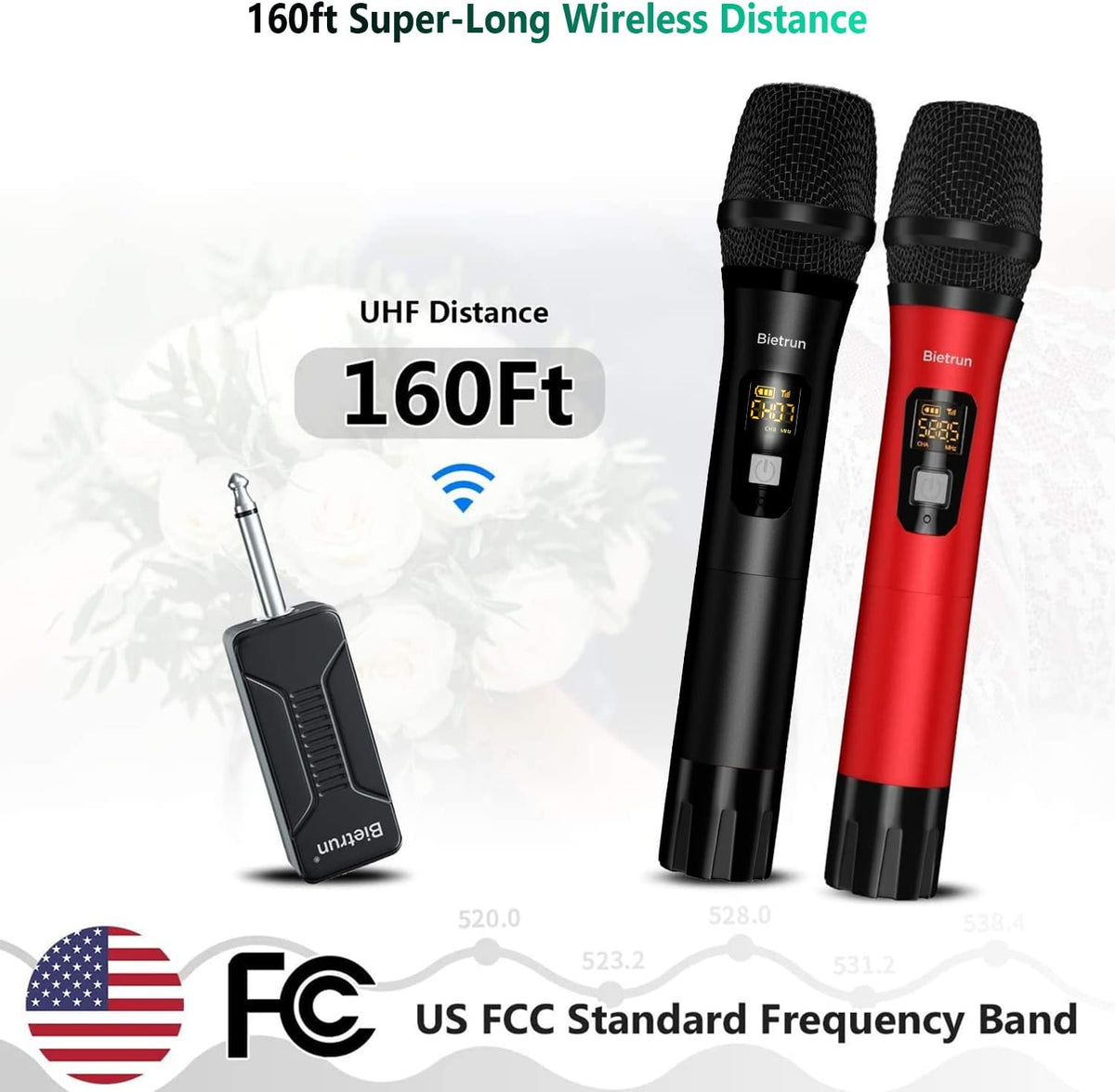 Bietrun Wireless Microphone Dynamic Mic System with Rechargeable Receiver, 1/4" Output, for