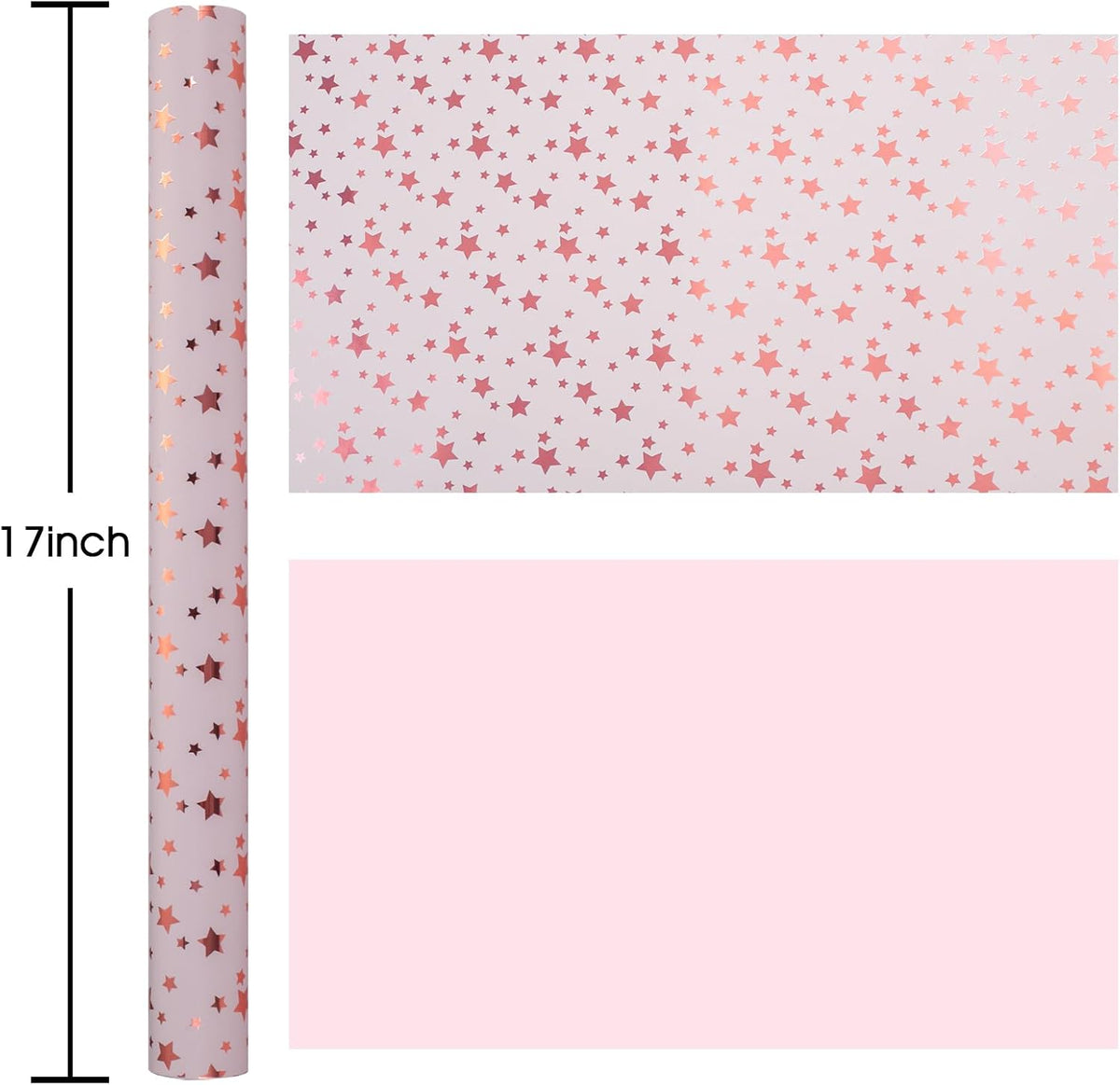 Burymento Gold Foil Five-Pointed Star Wrapping Paper, Reversible Pink Gift Wrap for Birthday