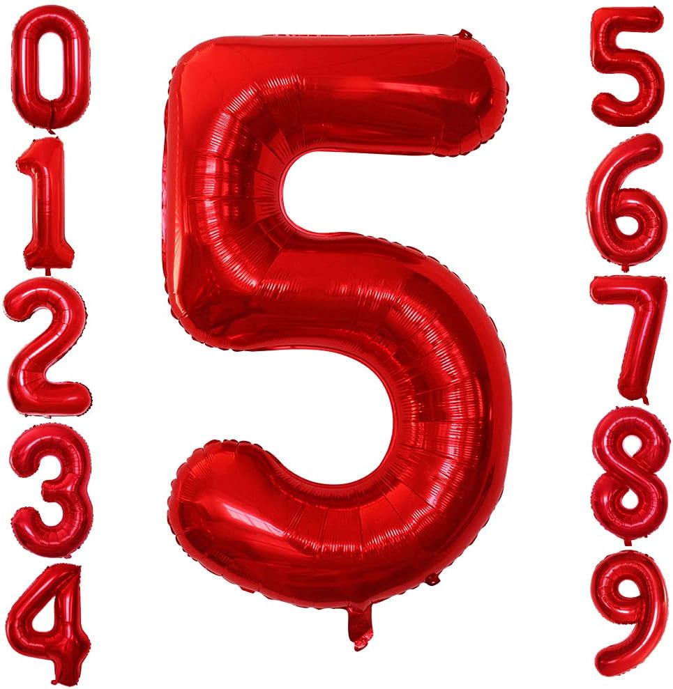 GOER Red Foil Balloons Number 5,Huge Number Balloons for 5th 55th Birthday Party Supplies