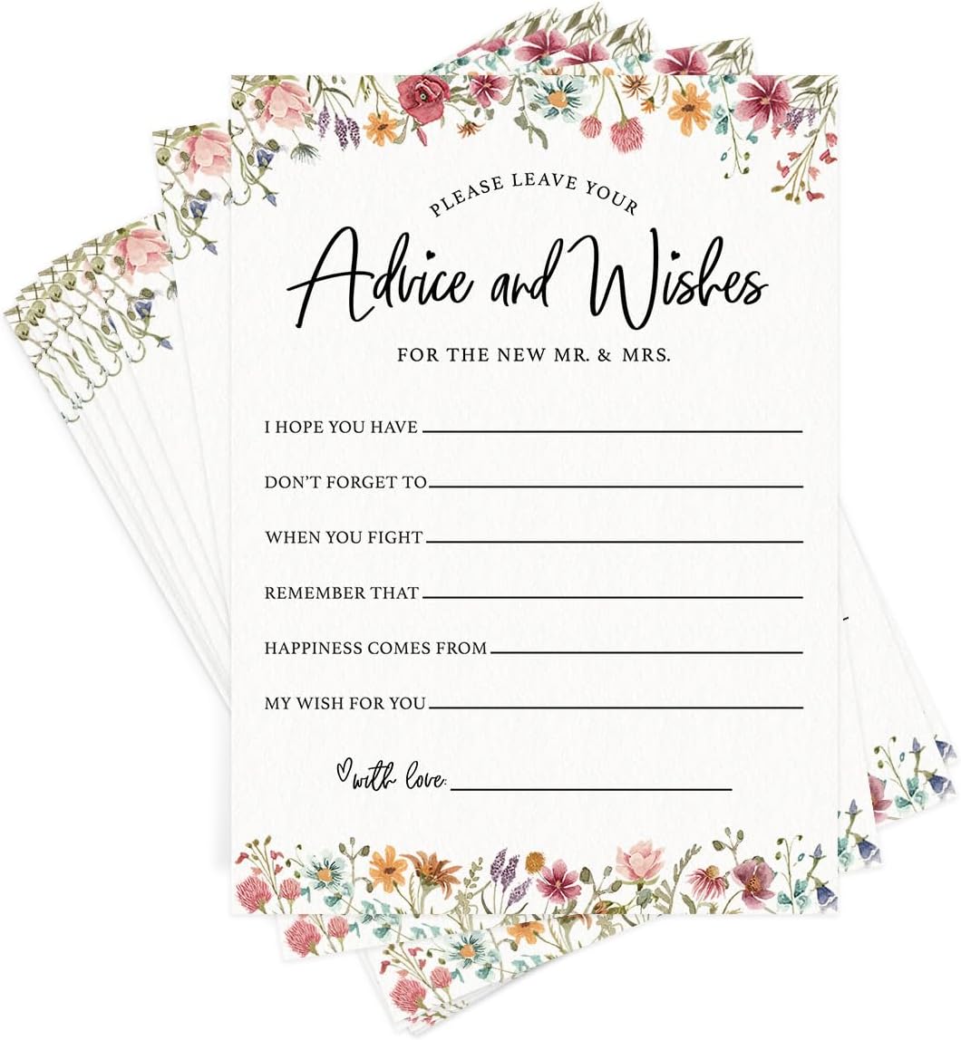 Printed Party Wedding Advice Cards – Wildflower Theme, Bridal Shower Games and Favors for Guests