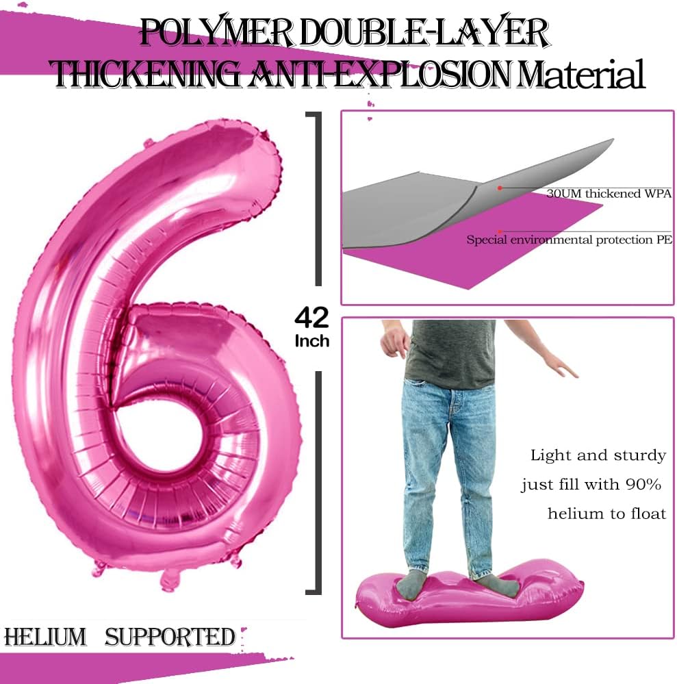 GOER Hot Pink Foil Balloons Number 6,Huge Number Balloons for 6th Birthday Party Supplies