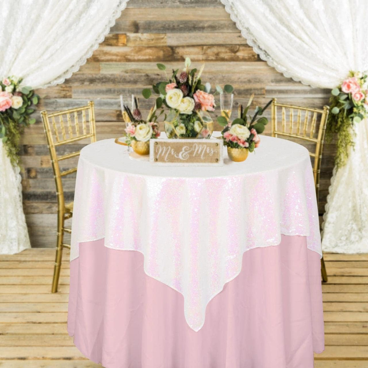 ShinyBeauty Sequin Tablecloth - Square 54x54-Inch Iridescent White Table Cloths for Round Table