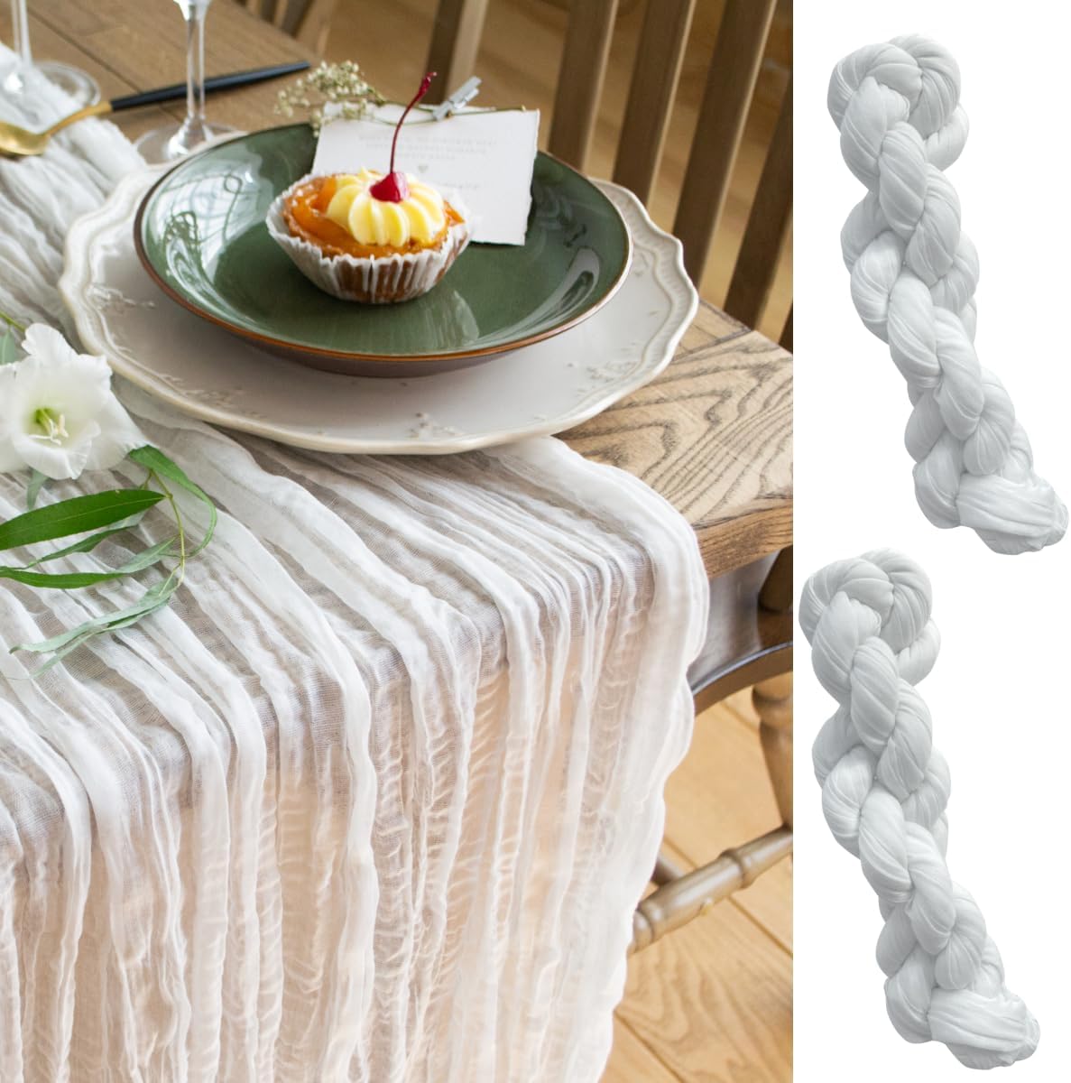 White Cheesecloth Table Runner Set of 2, Cotton Gauze Runner Rustic Table Decorations, Cheese cloth