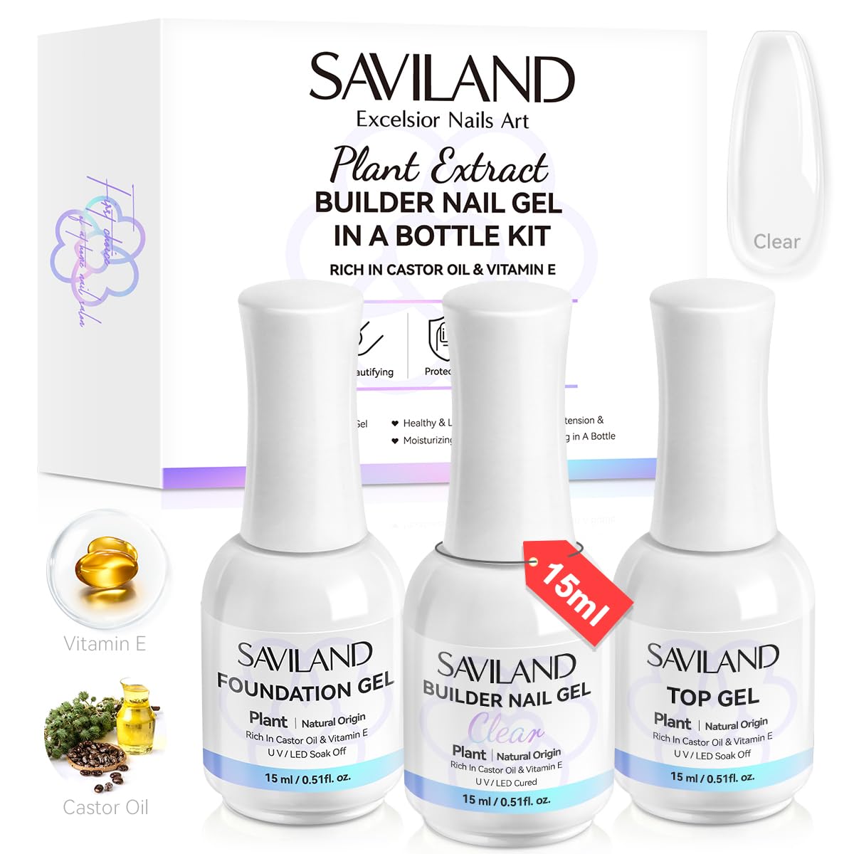 SAVILAND Clear Builder Nail Gel Kit: 3 Pcs 15ml Builder Nail Gel Base Top Gels with Castor Oil