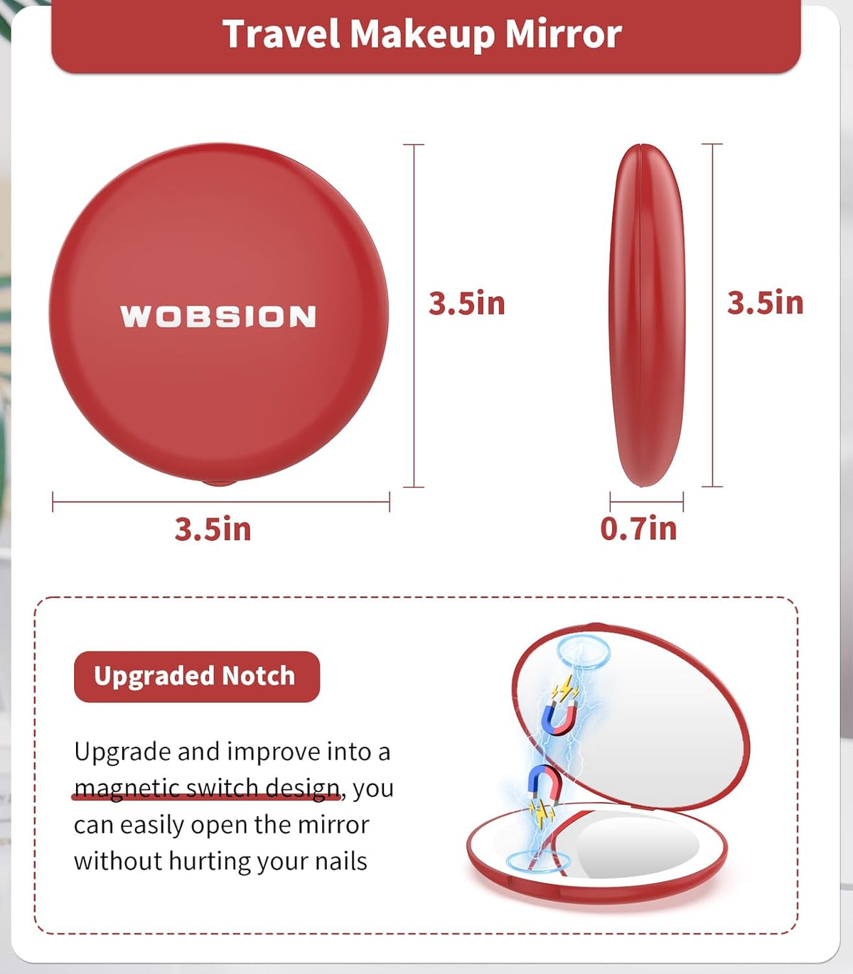 WOBSION Travel Compact Mirror,Portable 1x/10x LED Makeup Mirror with Magnification,Handheld 2-Sided