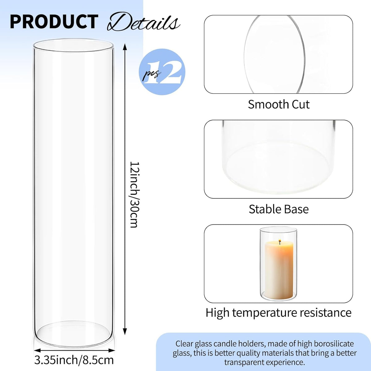 12Pack Glass Cylinder Vases for Centerpieces - 12 Inch Tall Flower Vase for Wedding Decorations