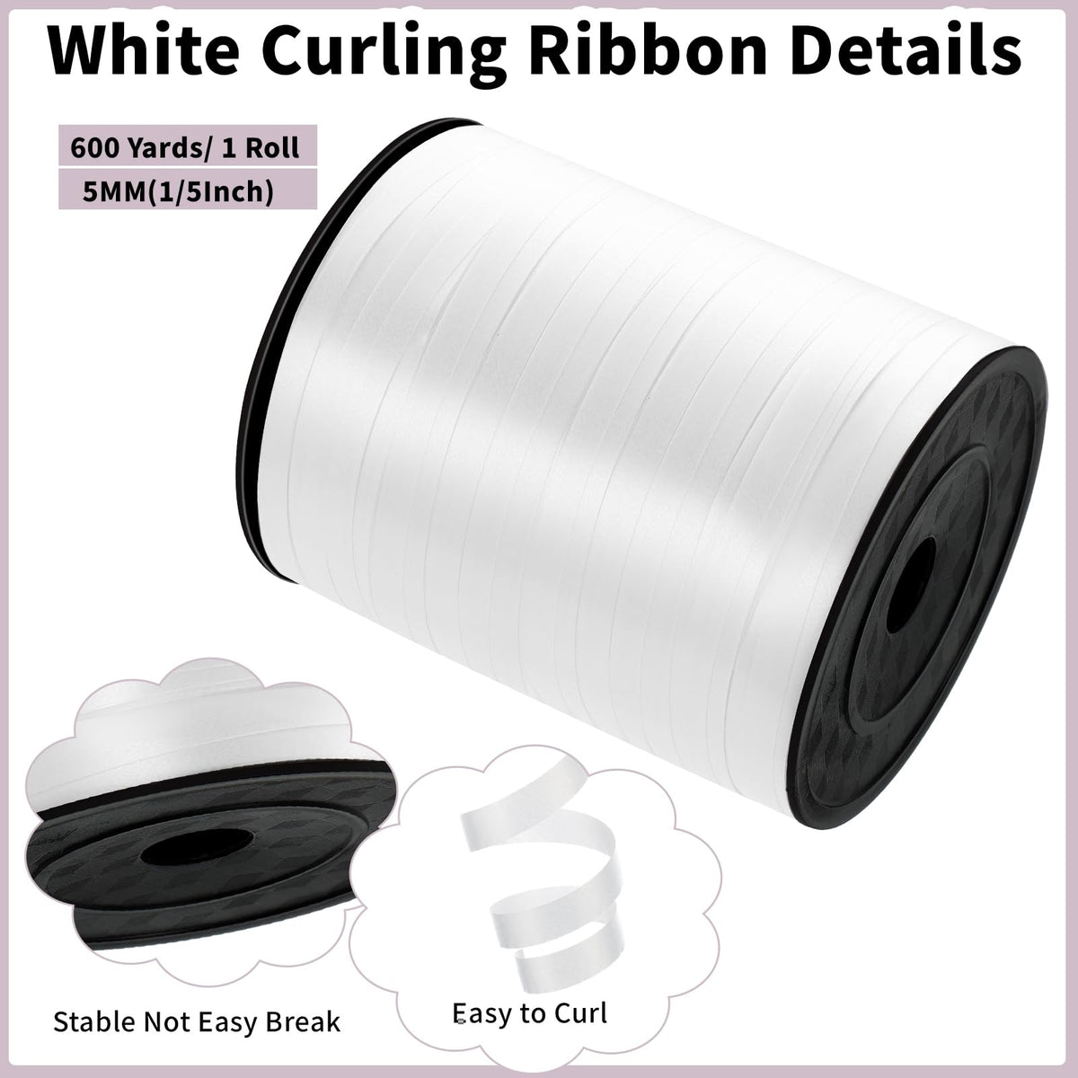 woric White Curling Ribbon 600 Yards, 1/5 Inch Balloon String Ribbon