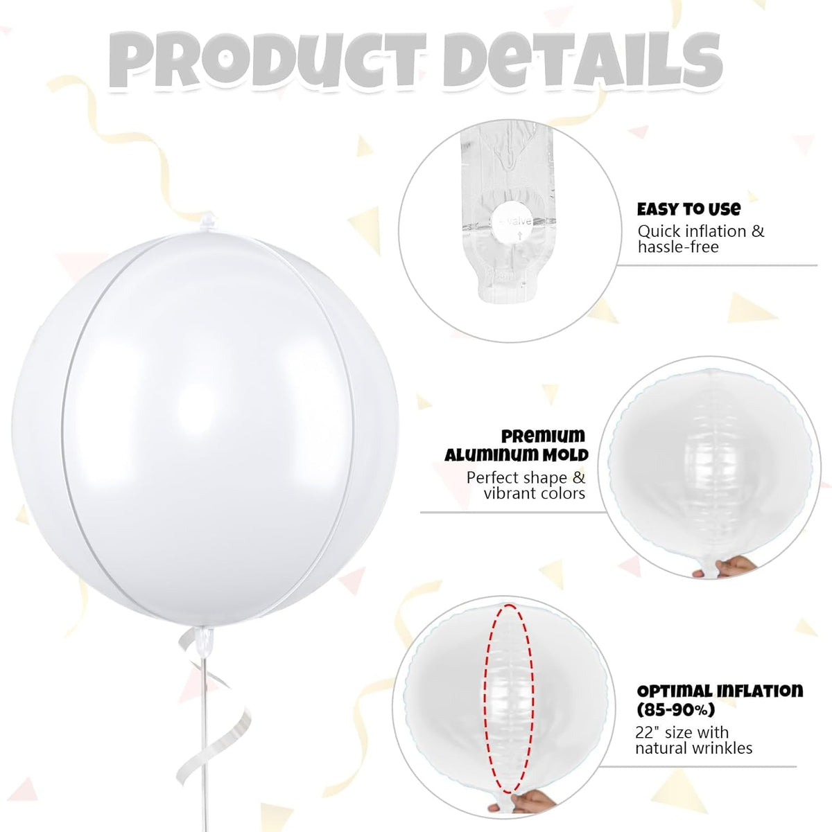 Giant 4D Foil Balloons, 6Pcs Large Metallic White Round Balloons, 22 Inch Big Round Foil Balloon