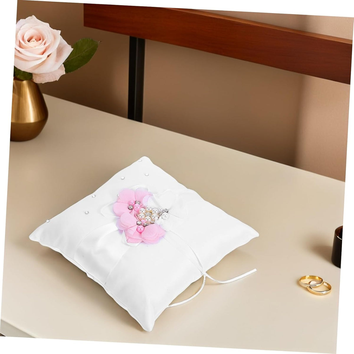 Floral Wedding Ring Bearer Pillow 20x20cm - Satin with Ribbon & Faux Pearls, Elegant Ceremony Decor