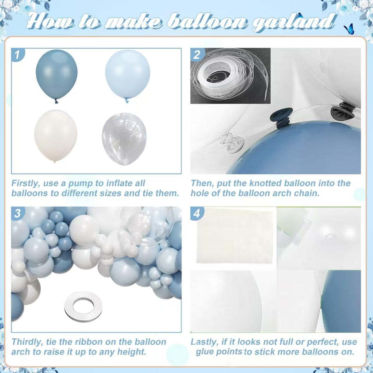 NUTTYBASH Dusty Blue Balloon Arch Kit Light Blue White Balloon Garland Kit