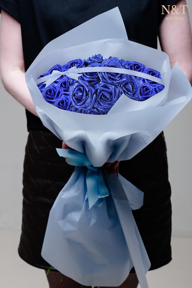 N&T NIETING Artificial Flowers Glowing Navy Blue Flowers Foam 25pcs Glitter Roses Real Looking Fake