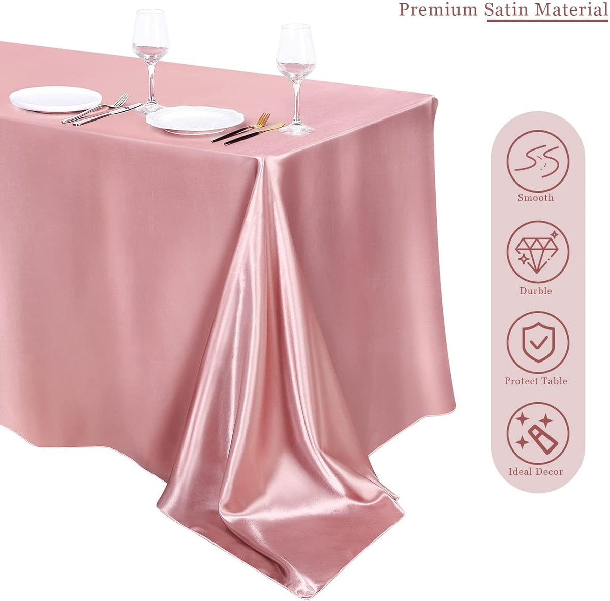 TURSTIN 4 Packs Rose Gold Satin Tablecloth 102 x 58 Inch Overlay Satin Table Cover Rectangle Bright