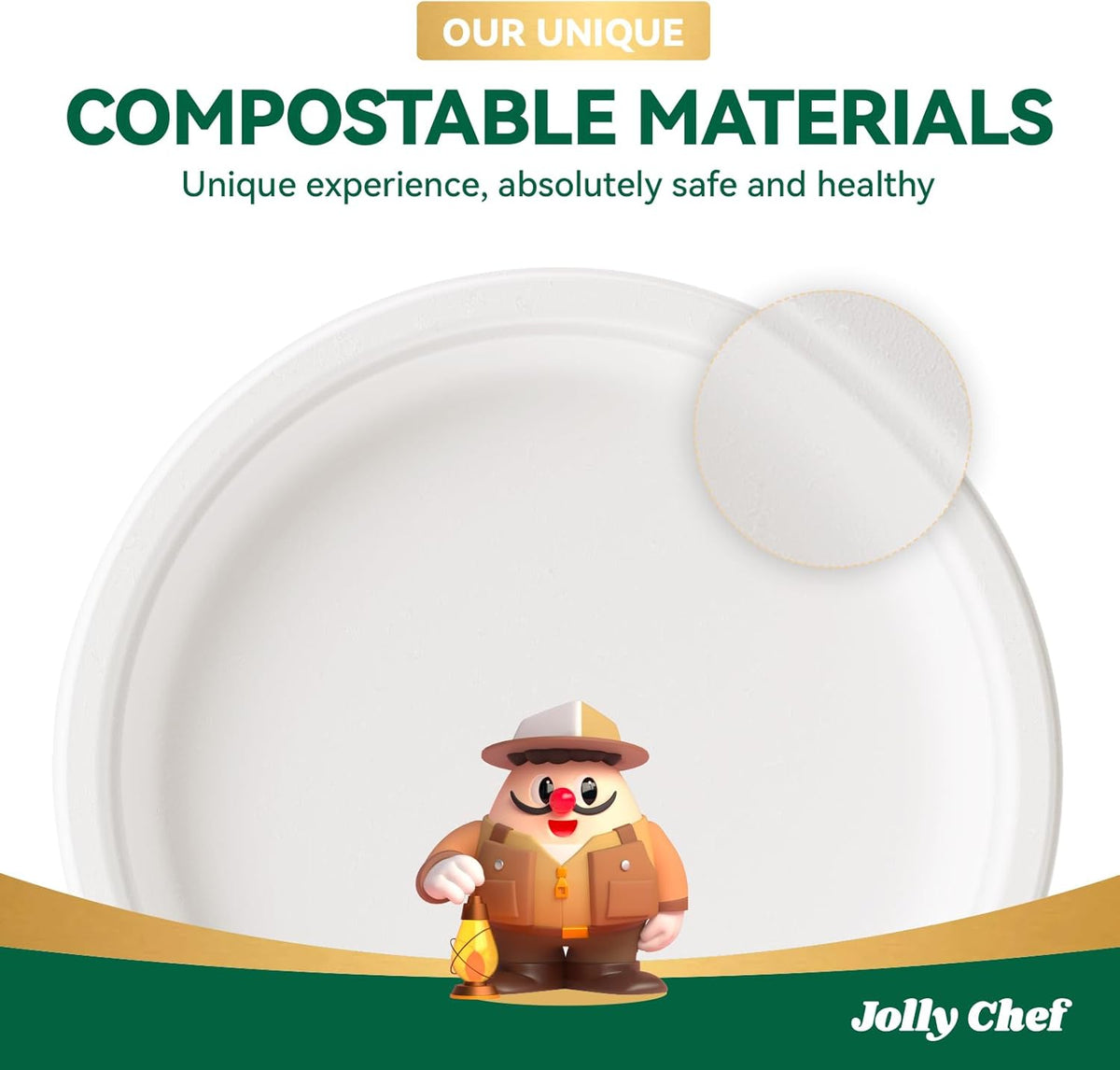 JOLLY CHEF Compostable Heavy Duty Plates 𝟭𝟬 𝗜𝗻𝗰𝗵 [𝟱𝟬𝟬 𝗣𝗮𝗰𝗸] Eco-Friendly Disposable