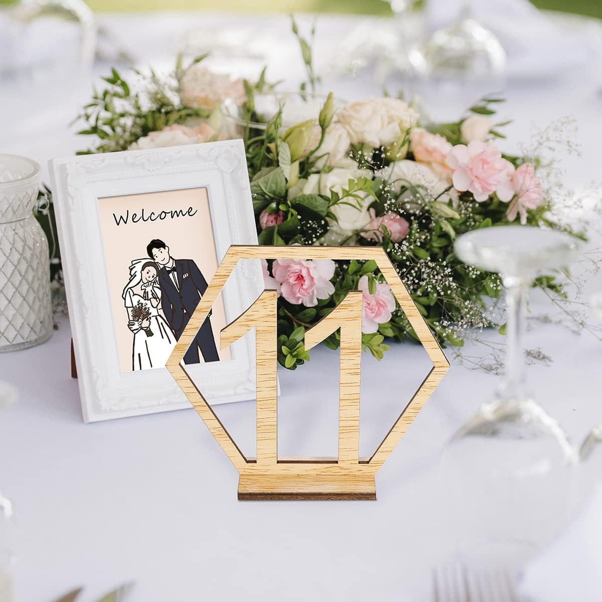 Wooden Table Numbers, Hexagon Shape 1-20 Wedding Table Numbers with Holder Base Rustic Hollow Out