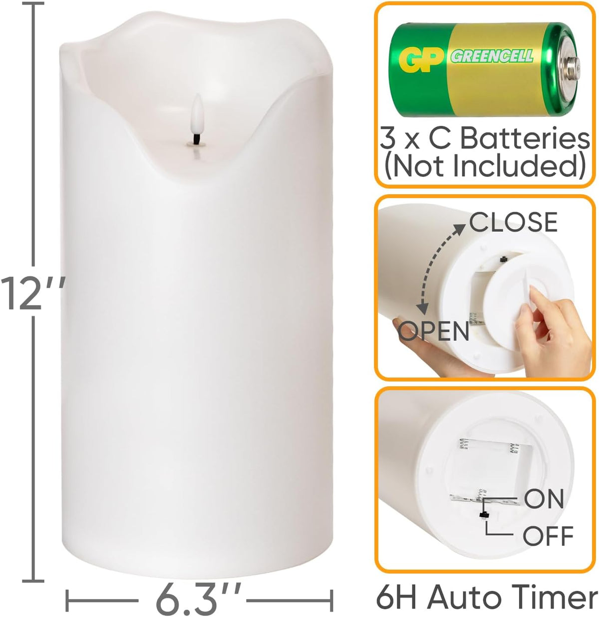 Homemory 6.3" x 12" Extra Large Outdoor Waterproof Candle with Auto 6-Hour Timer, White Plastic