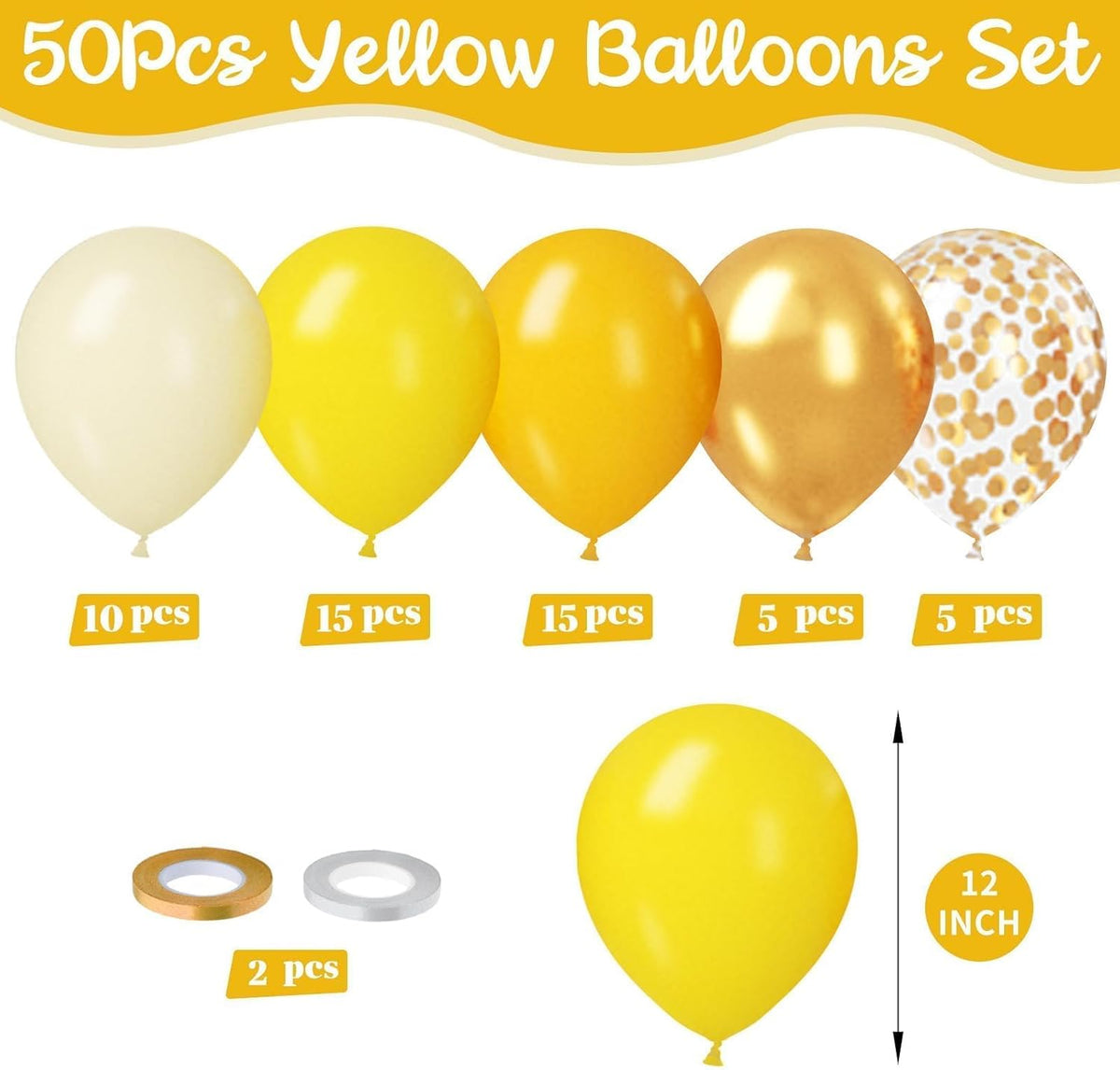 Paready Yellow and Gold Balloon Set - 50Pcs 12 Inch Metallic Gold Confetti and Light Lemon Latex