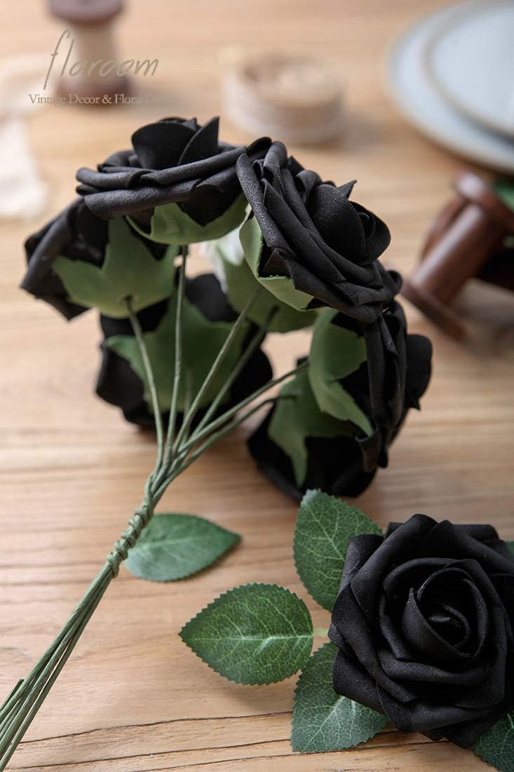 Floroom Artificial Flowers 25pcs Real Looking Black Foam Fake Roses with Stems for DIY Wedding