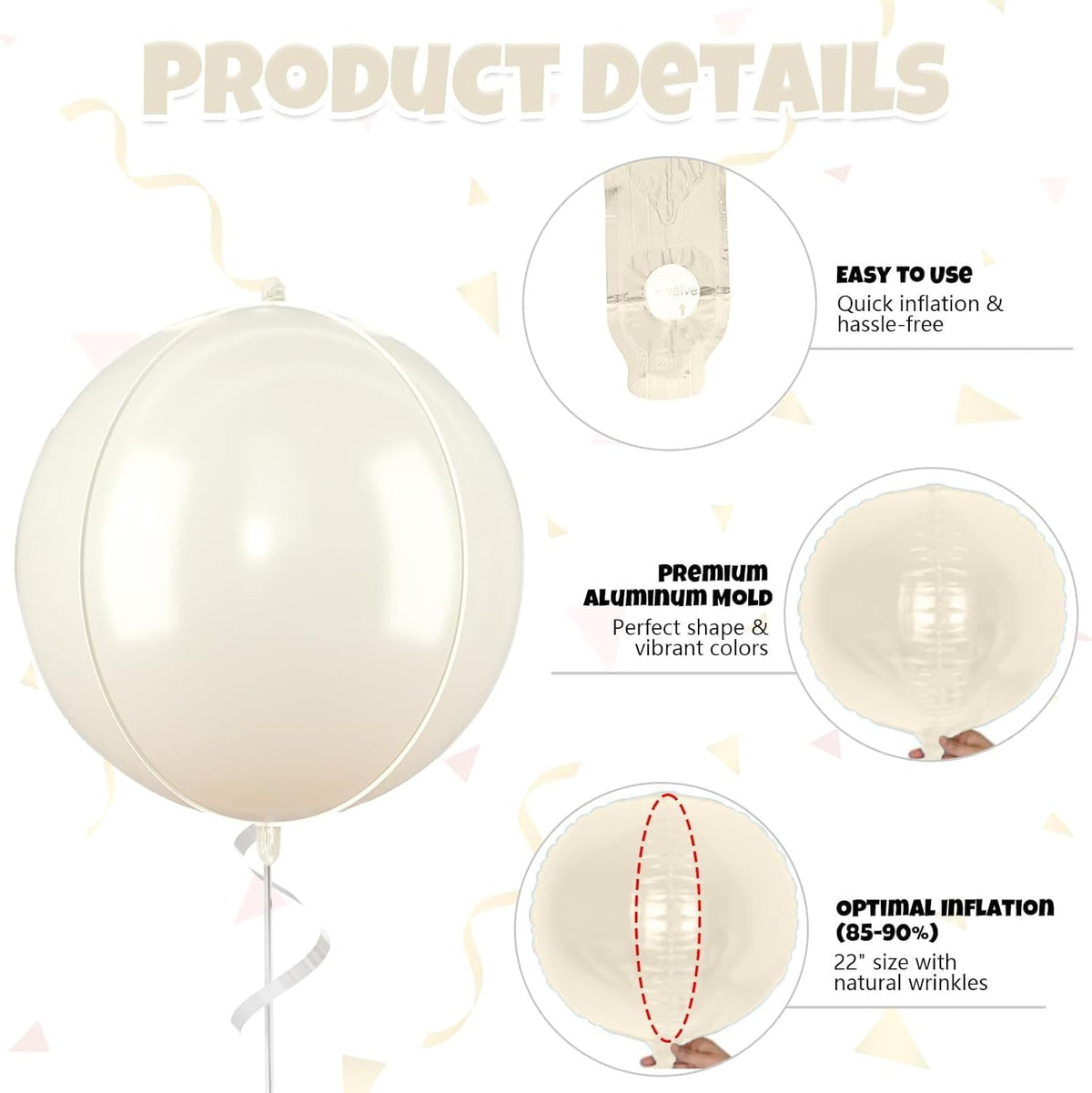 Beige Giant Foil Balloons, 6Pcs Large Metallic Cream Round Balloons, 22 Inch Big Round Foil Balloon
