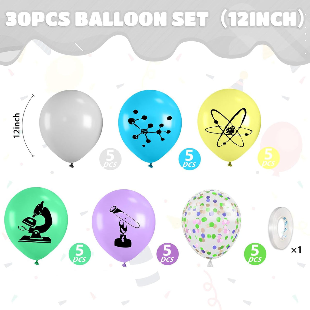 Science Party Balloons, 12 Inch Gray Light Yellow Green Purple Confetti Balloons for Boys Scientist