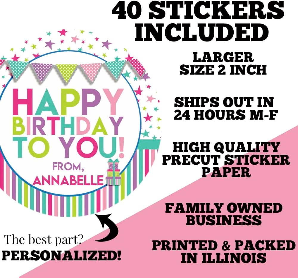 Custom & Personalized Happy Birthday to You Gift Tag Sticker Labels in Pastel Colors for Girls, 40