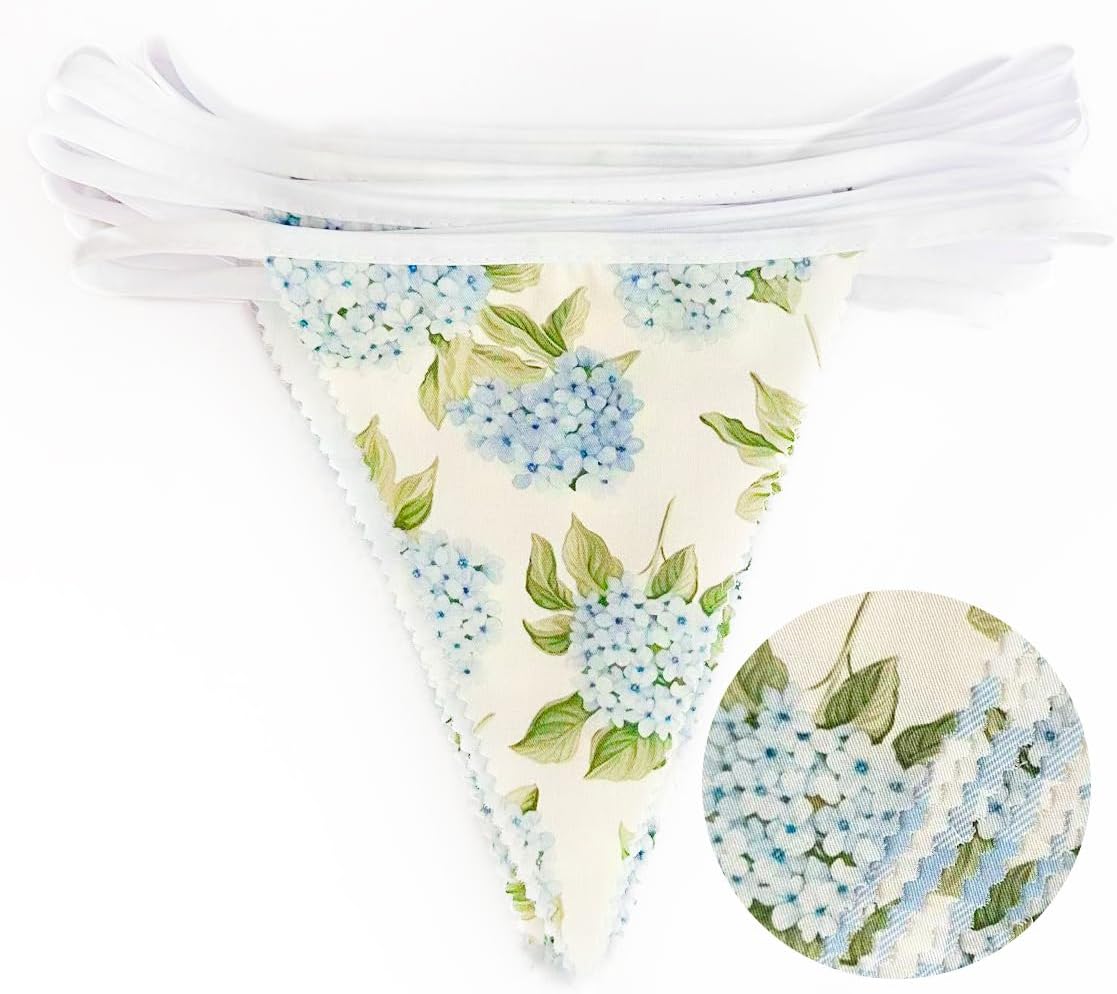 32Ft Blue Flora Party Decorations Blue Gingham HydrangeaTriangle Flag Fabric Banner Pennant Garland