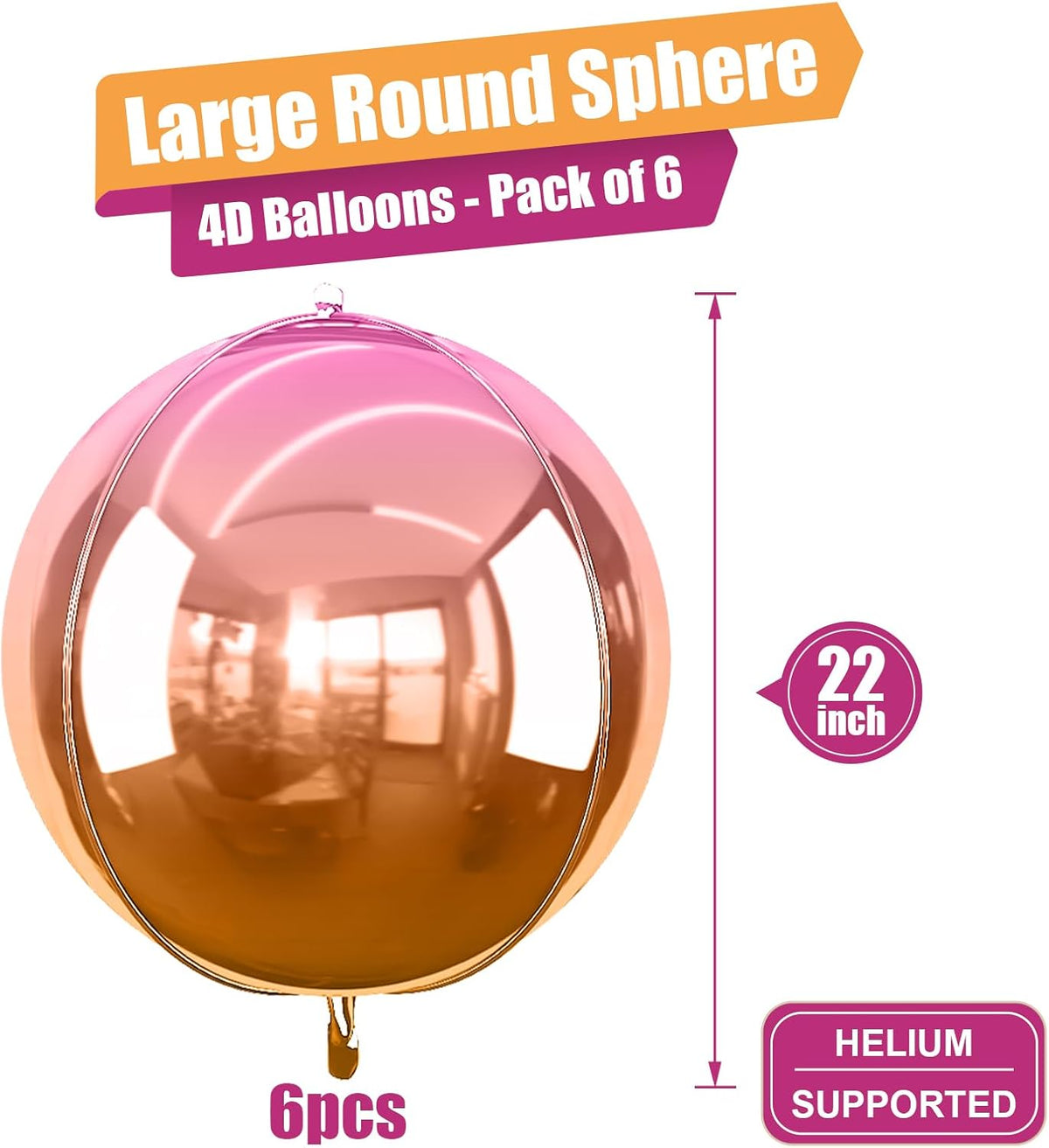 6Pcs Gradient Orange Round Foil Balloons, 22" Large Helium Ball Balloon, Metallic Orange Mylar