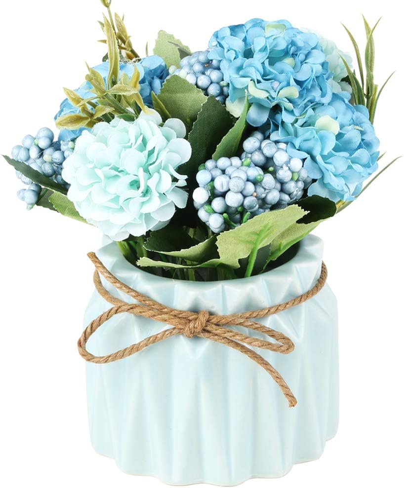 Artificial Hydrangea Bouquet with Small Ceramic Vase Fake Silk Variety Flower Balls Flowers