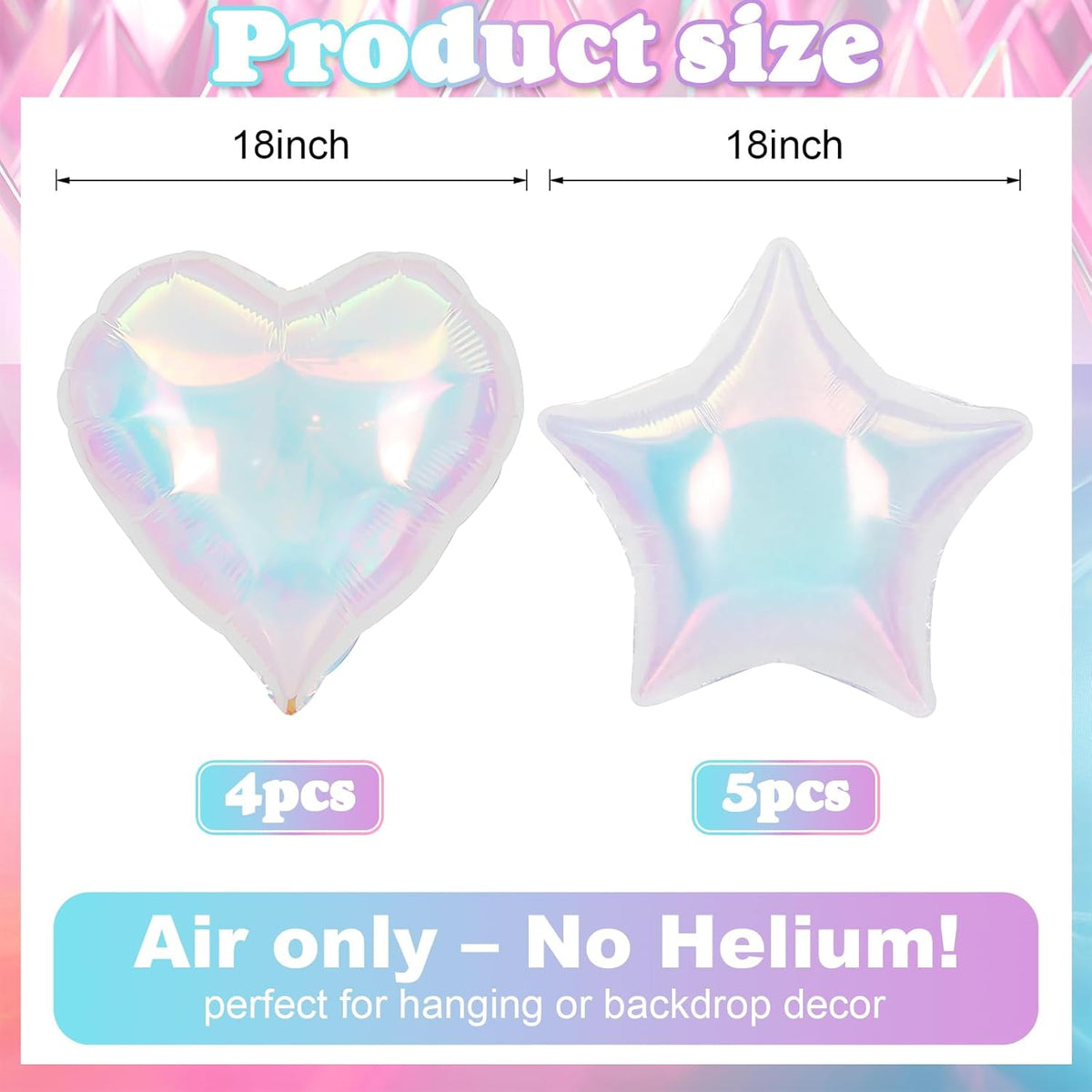 9Pcs Iridescent Foil Balloons, 18in Heart Star Iridescent Balloons Large Holographic Clear Foil