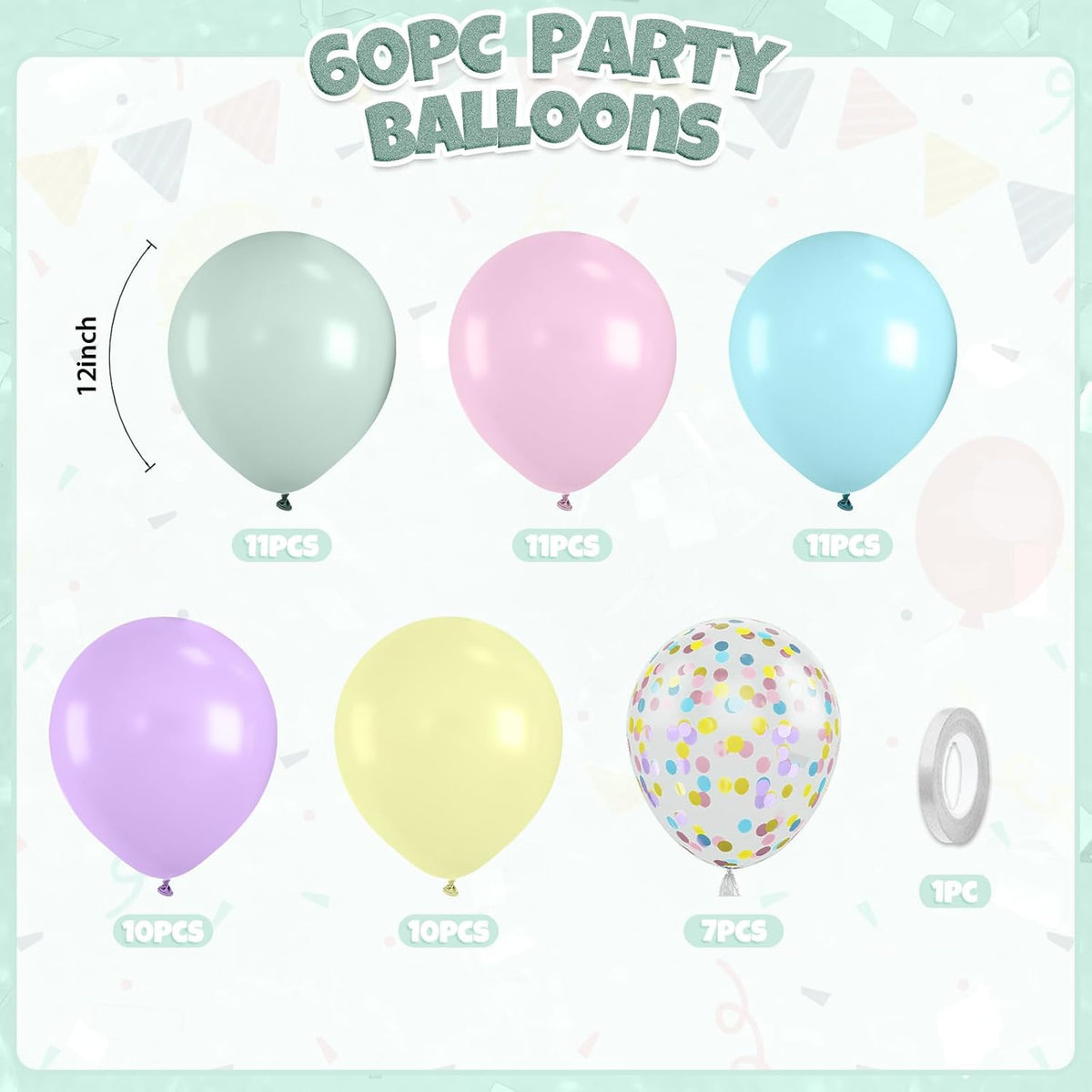 Pastel Balloons, 60pcs Pastel Color Balloons, Macaron Green Pink Purple Teal Blue Balloon, Colorful