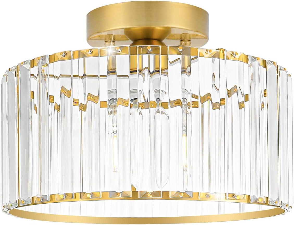 Crystal Ceiling Light Fixture, Modern Semi Flush Mount Ceiling Light, Gold Hallway Lighting