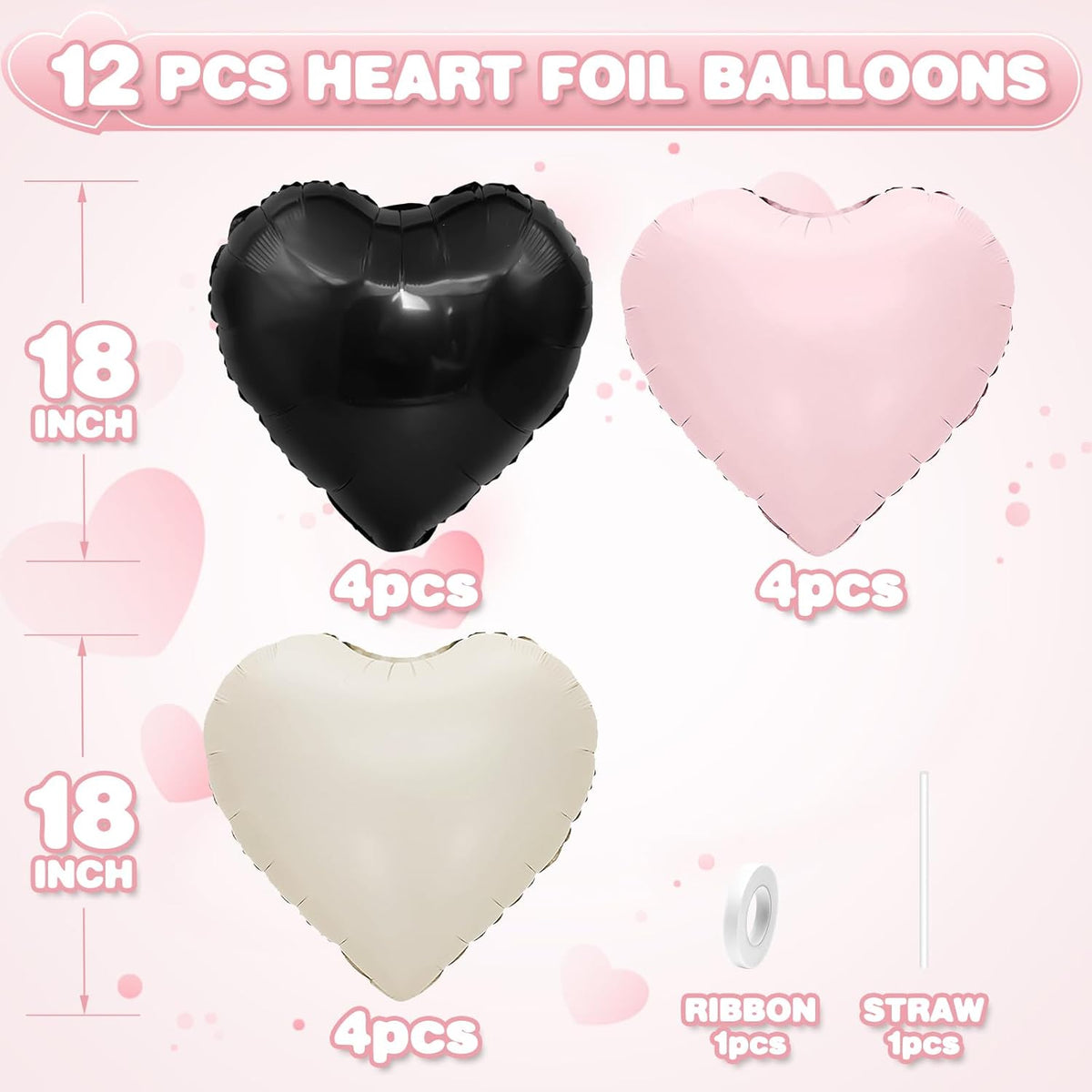 Black Pink White Heart Balloons,12Pcs 18Inch Black Cream White Baby Pink Heart Shaped Foil Helium