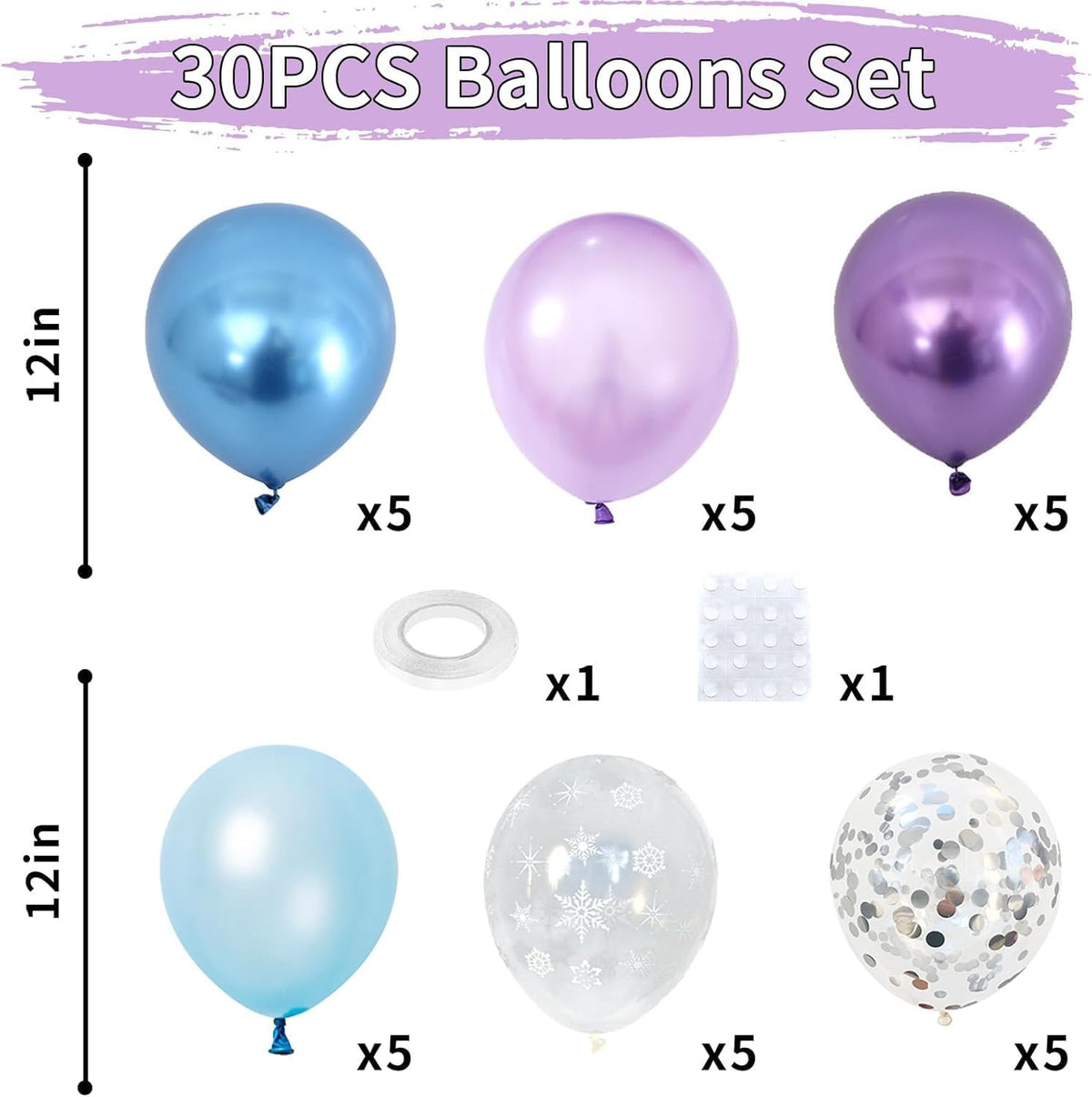 Snow Balloons Set, Pearl Purple Blue Metallic Purple Blue Snowflake Latex Balloon with Silver