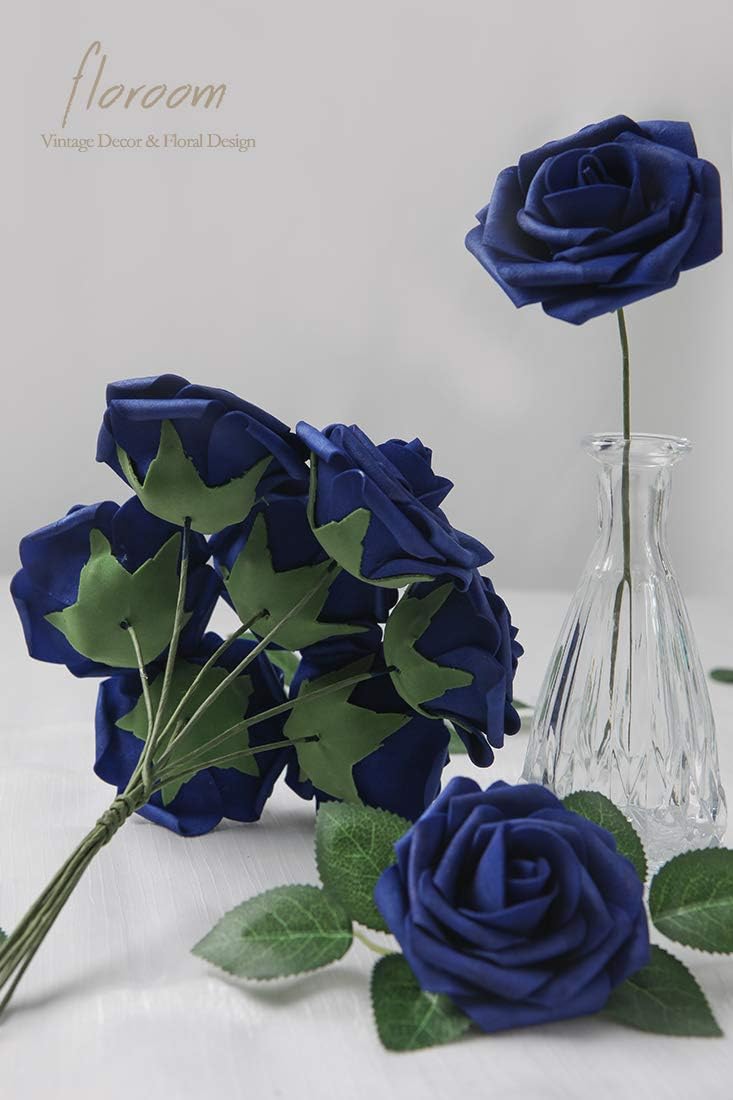 Floroom Artificial Flowers 25pcs Real Looking Royal Blue Foam Fake Roses with Stems for DIY Table
