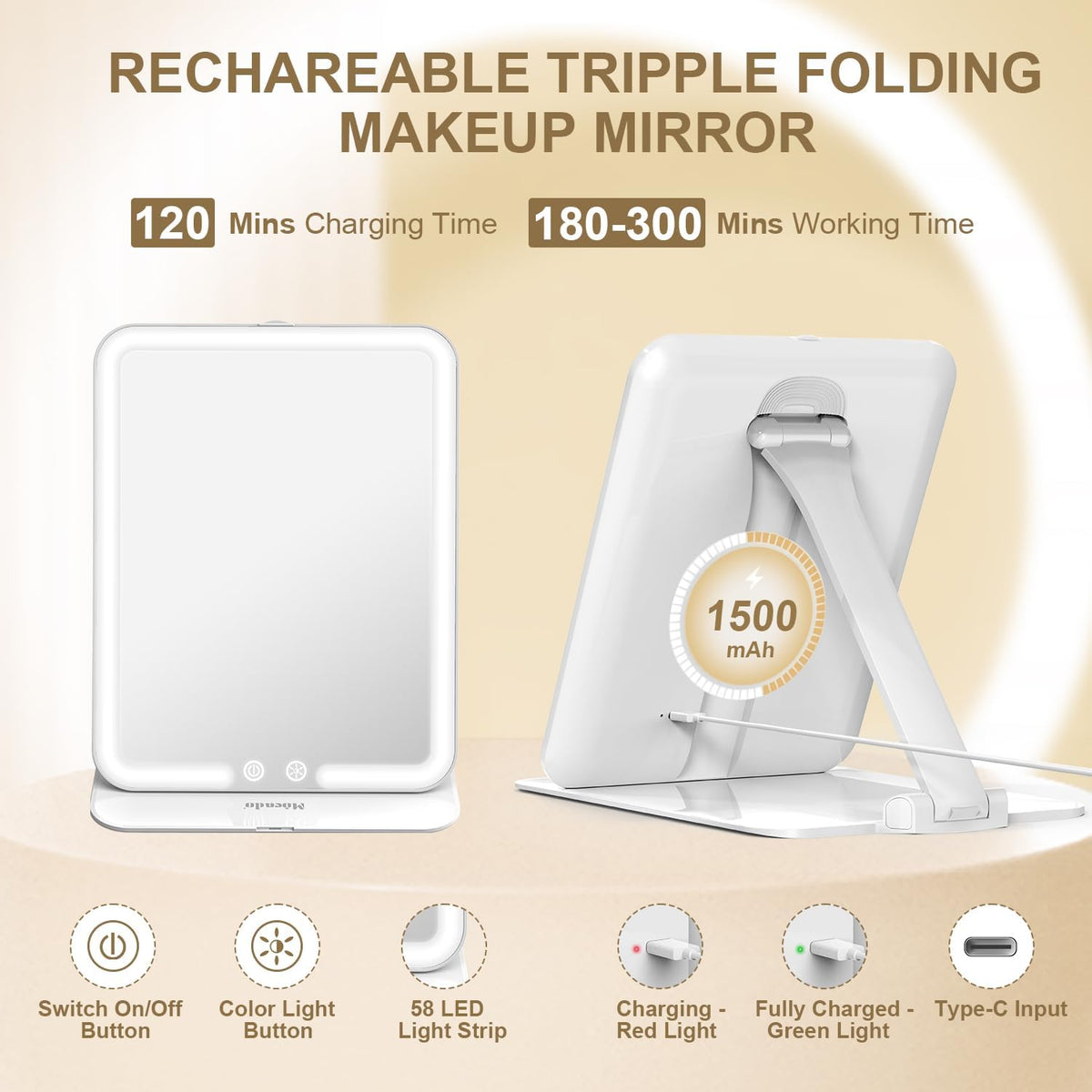 Mocado Travel Makeup Mirror with Light, Tripple Folding Vanity Mirror with Lights, 3 Colors Lighted
