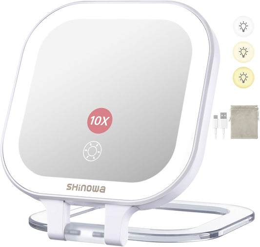 Shinowa Rechargeable Travel Makeup Mirror with 44 LED Lights, 1X/10X Magnifying Vanity Mirror with