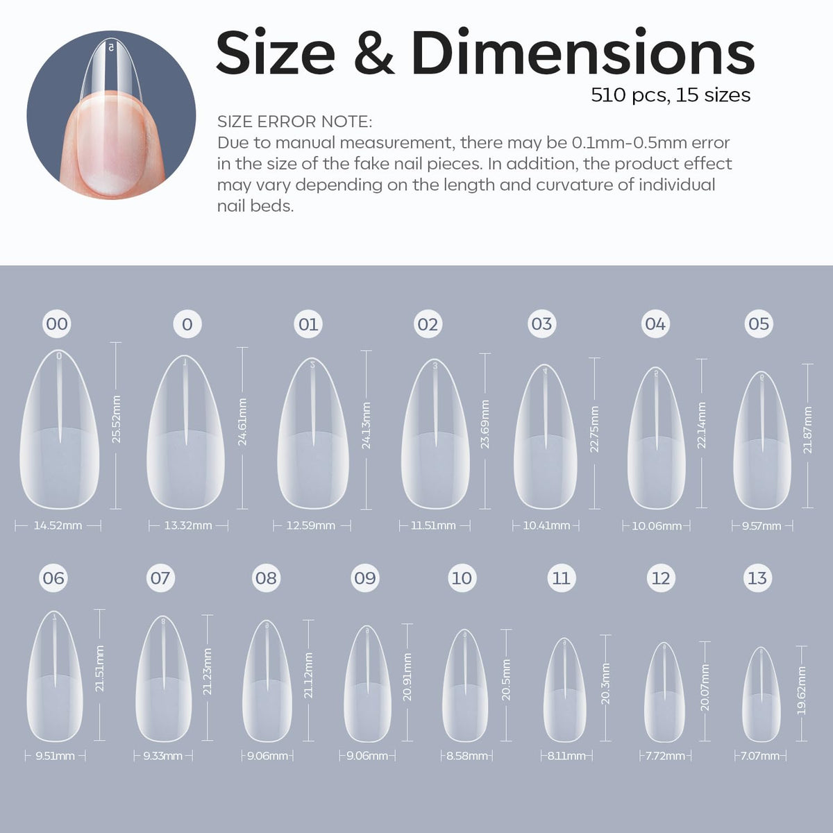 Modelones Almond Fake Nail Tips -510Pcs Medium Soft Gel Nail Tips Almond Shape Pre Etched Half