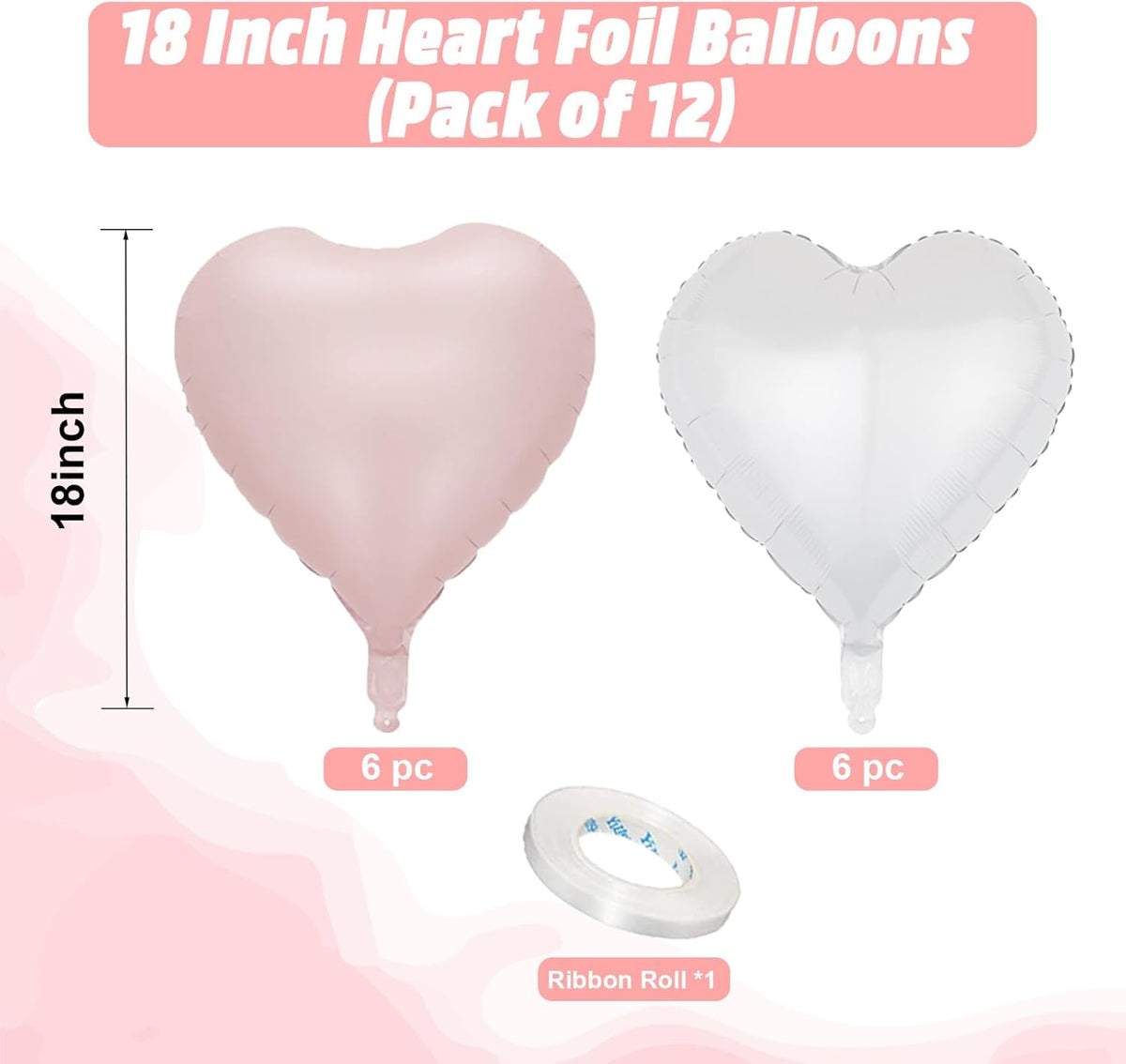 Pink White Heart Balloons, 18 Inch Pink and Cream White Heart Shape Balloons, 12PCS White Sand