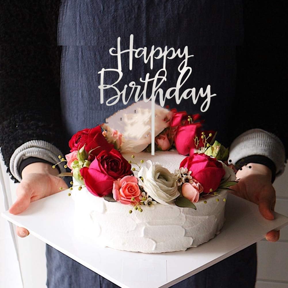 Happy Birthday Cake Topper, Mirrored Silver Acrylic Versatile Cake Topper for Birthday Party
